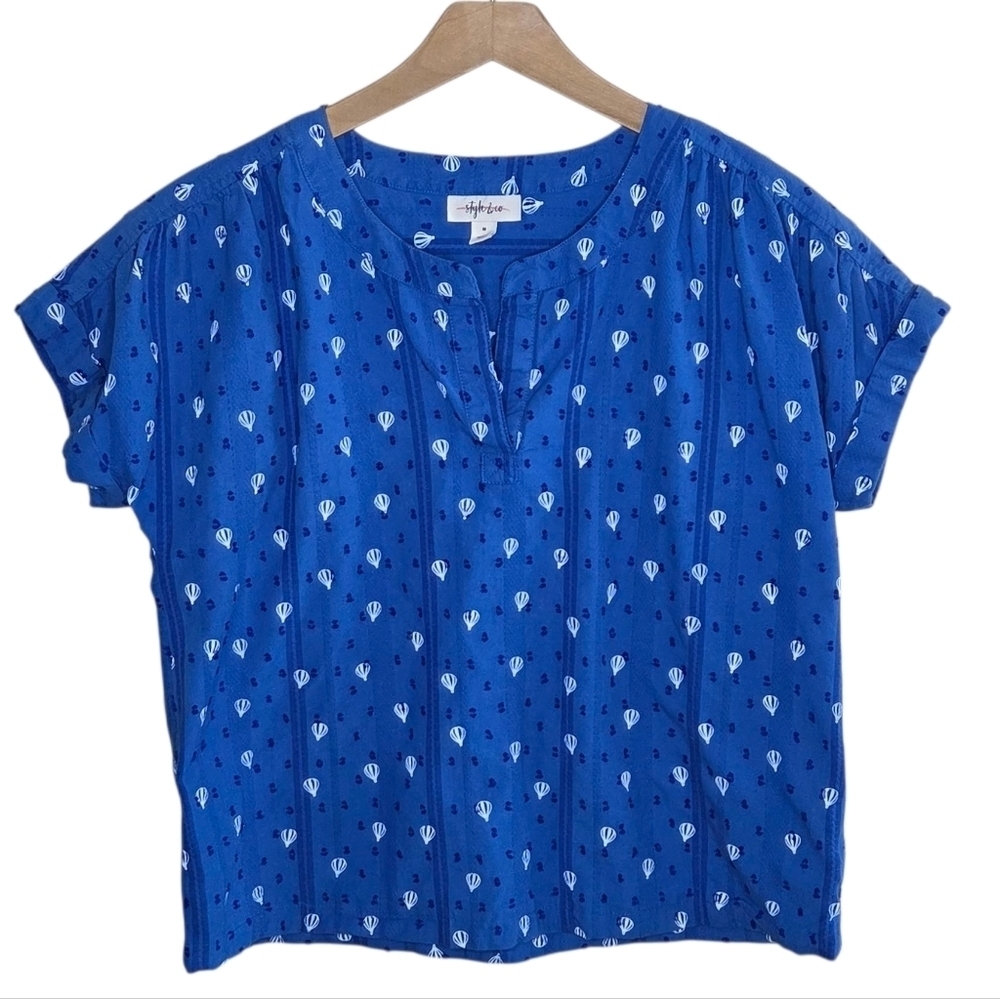 Style & Co Blue Hot Air Balloon & Swiss Dot Short Sleeve Top Size Medium